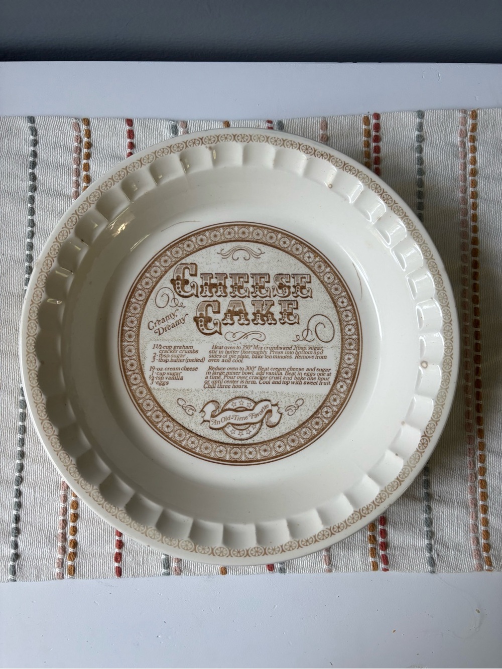 Vintage Ceramic Cheese Cake Recipe Pie Plate
